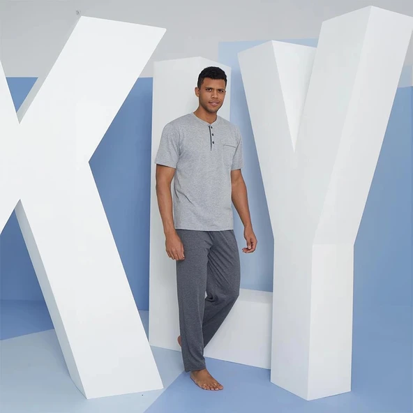 Kly 9604 Erkek Midi Yaka 3'lü Pijama  Takım - Resim 3