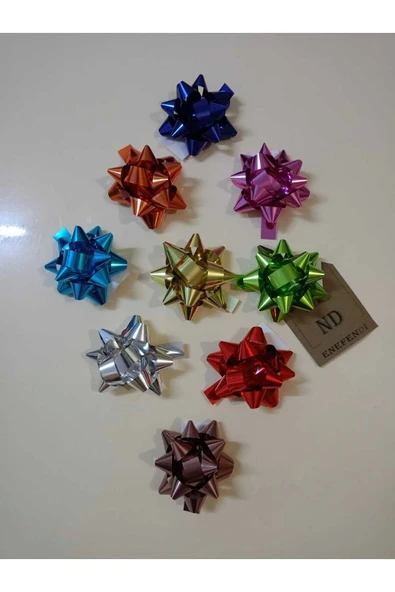 50 ADET 6cm PARLAK METALİK RENKTE KARIŞIK FİYONK YILDIZ SÜS HEDİYE PAKETİ SÜSÜ RAFYA YAPIŞKANLI - Resim 5