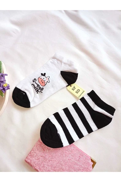 2 ÇİFT PATİK DİKİŞSİZ ÇORAP YUMUŞAK PAMUKLU KISA KONÇ DESENLİ KADIN ÇORABI 36-40 SİYAH BEYAZ - Resim 2