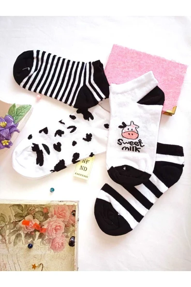 2 ÇİFT PATİK ÇORAP DİKİŞSİZ PAMUKLU KISA KONÇ DESENLİ KADIN ÇORABI BEYAZ SİYAH 36-40 - Resim 8