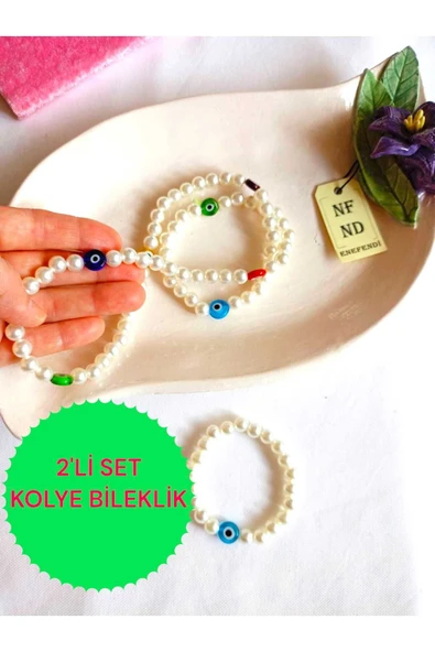 2Lİ SET İNCİ KOLYE NAZAR BONCUKLU(CAM) VE BİLEKLİK KREM İNCİLİ BONCUK MİSİNA İPLİ ESNEK HEDİYE ürün görseli 1