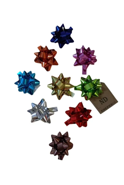 50 ADET 6cm PARLAK METALİK RENKTE KARIŞIK FİYONK YILDIZ SÜS HEDİYE PAKETİ SÜSÜ RAFYA YAPIŞKANLI - Resim 3