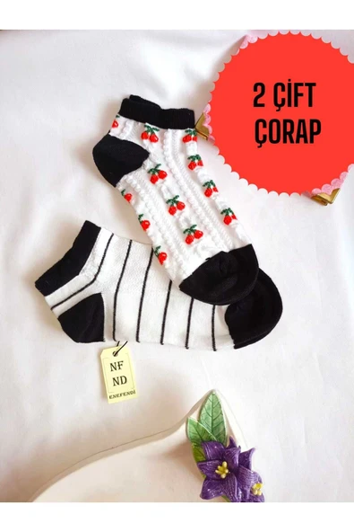 2 ÇİFT EKRU DİKİŞSİZ PATİK ÇORAP PAMUKLU KISA KONÇ DESENLİ KADIN ÇORABI 36-40 SİYAH BEYAZ ürün görseli