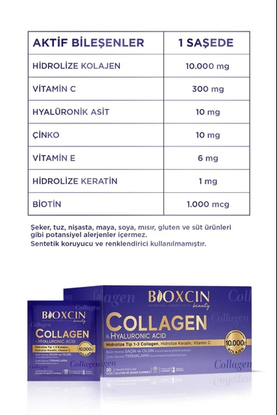 Bioxcin Beauty Collagen Toz 30 Saşe X 10.000 Mg Tip 1 - Tip 3 Hidrolize Kolajen - Keratin - Resim 5