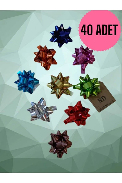 40 ADET 6cm PARLAK METALİK RENKTE KARIŞIK FİYONK YILDIZ SÜS HEDİYE PAKETİ SÜSÜ RAFYA YAPIŞKANLI ürün görseli 1