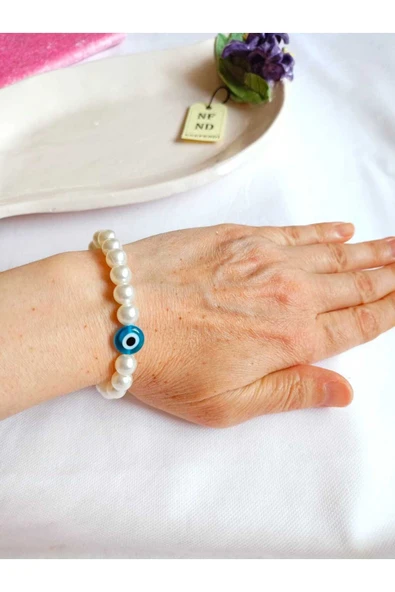 İNCİ BİLEKLİK NAZAR BONCUKLU (CAM) KREM RENK İNCİLİ BONCUK MİSİNA İPLİ ESNEK HEDİYE - Resim 3