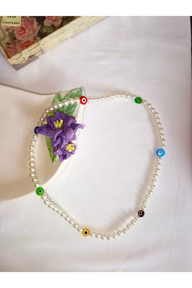 2Lİ SET İNCİ KOLYE NAZAR BONCUKLU(CAM) VE BİLEKLİK KREM İNCİLİ BONCUK MİSİNA İPLİ ESNEK HEDİYE - Resim 7