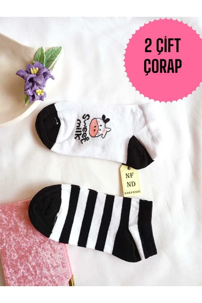 2 ÇİFT PATİK DİKİŞSİZ ÇORAP YUMUŞAK PAMUKLU KISA KONÇ DESENLİ KADIN ÇORABI 36-40 SİYAH BEYAZ ürün görseli