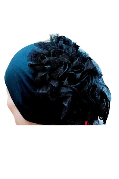 Fırfırlı Bone , Hijab , Bone , Topuz , Siyah Penye Bone - Resim 3