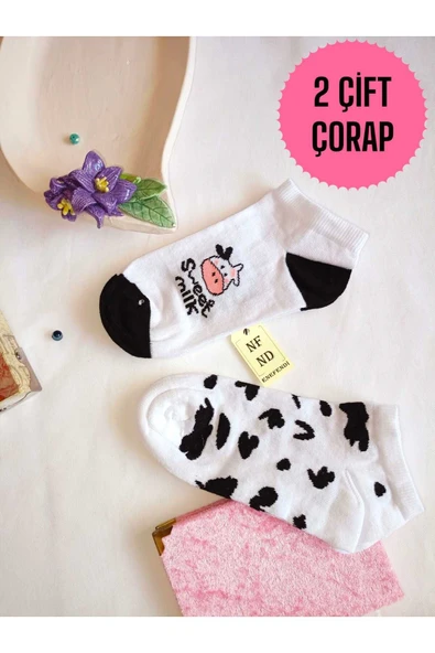 2 ÇİFT PATİK ÇORAP DİKİŞSİZ PAMUKLU KISA KONÇ DESENLİ KADIN ÇORABI BEYAZ SİYAH 36-40 ürün görseli 1