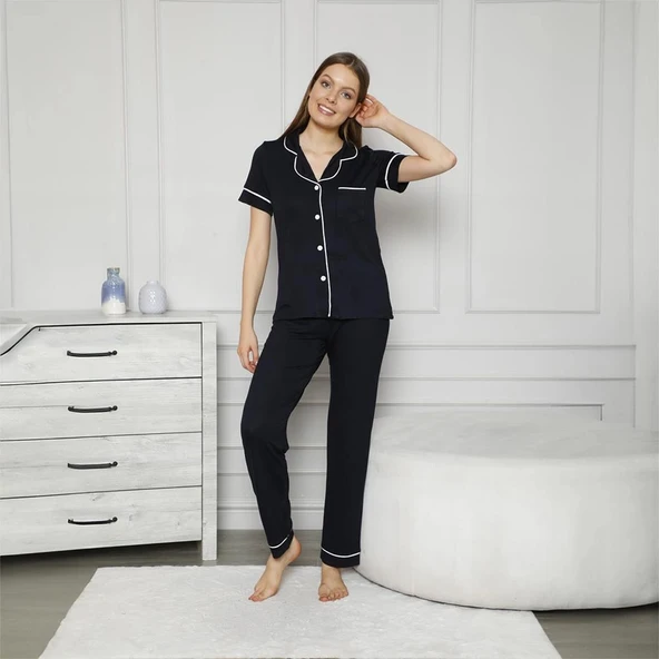 Confeo C840-057 Kadın Viskon Önü Düğmeli Kısakol Pijam Takım - Resim 4
