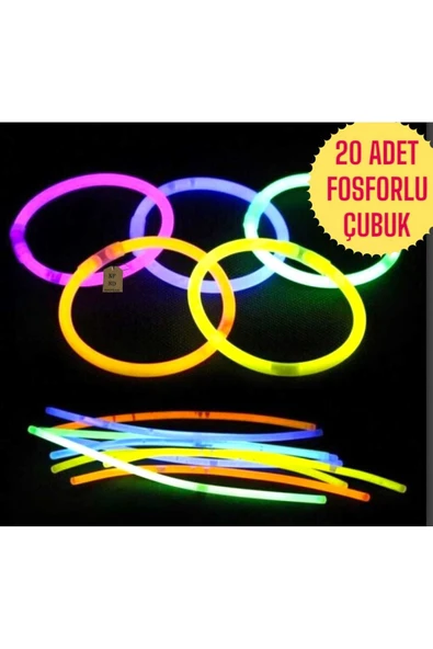 20 ADET NEON FOSFORLU PARTİ ÇUBUK BİLEKLİK GECE PARLAYAN GLOW STİCK IŞIK 20 ÇUBUK+20 BAĞLANTI APARAT ürün görseli 1