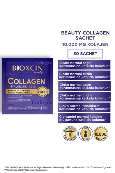 Bioxcin Beauty Collagen Toz 30 Saşe X 10.000 Mg Tip 1 - Tip 3 Hidrolize Kolajen - Keratin - Resim 3