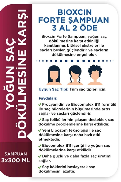 Bioxcin Forte Şampuan Tüm Saç Tipleri Için 3x300ml Yoğun Saç Dökülmesi Şampuanı - Resim 3