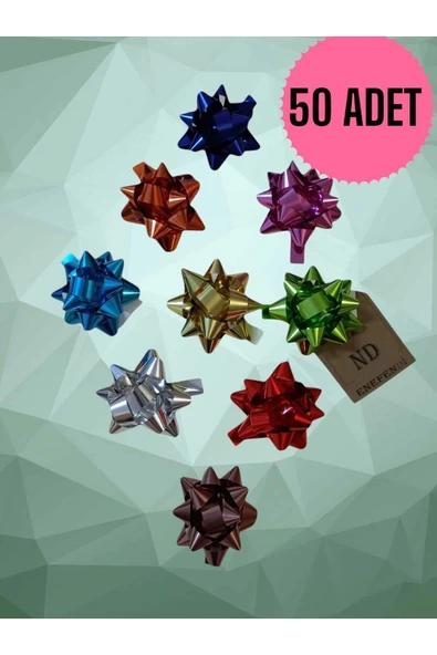 50 ADET 6cm PARLAK METALİK RENKTE KARIŞIK FİYONK YILDIZ SÜS HEDİYE PAKETİ SÜSÜ RAFYA YAPIŞKANLI ürün görseli 1
