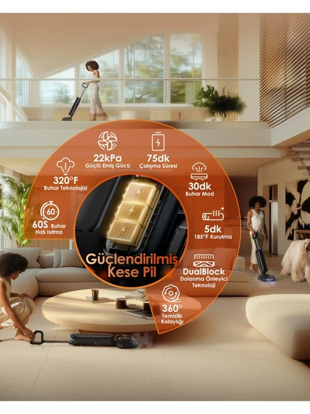 Tineco Floor One S9 Artist Steam Kablosuz Buharlı Akıllı Islak Kuru Süpürge, Zemin Temizleyici Paspas, 140°C Yüksek Isılı Hypersteam Buhar Teknolojisi, 22KPA Güçlü Emiş - Resim 8