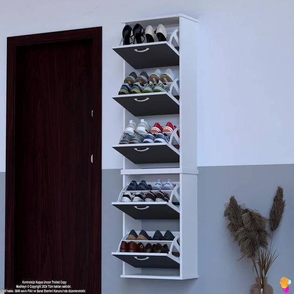 Modilayn VARBİ UMAY' 2 Li Asma Kapı Önü 52x193x25,5 cm’ lik 5 Düşer Kapak 10 Göz Bölmeli Ayakkabılık - Resim 3