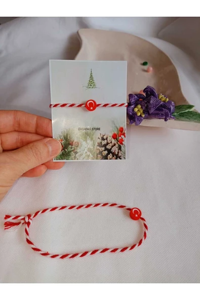 AY YILDIZLI FİMO KIRMIZI BEYAZ İP MARTENİÇKA KARTLI BİLEKLİK HEDİYE BAHAR BİLEKLİĞİ AYYILDIZ ürün görseli 1