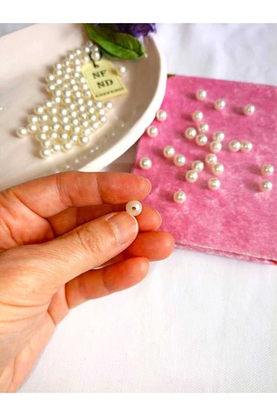 100 ADET KREM İNCİ BONCUK HEDİYE DELİKLİ KOLYE BİLEKLİK TAKI APARATI SERT PLASTİK 8 mm - Resim 3