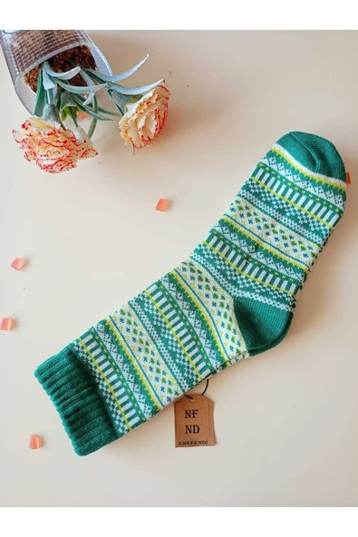 2 ÇİFT KALIN KIŞLIK YUMUŞAK ÇORAP YILBAŞI MOTİF ETNİK DESENLİ KADIN ÇORABI YEŞİL PEMBE 36-40 - Resim 6