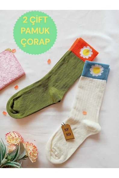 2 ÇİFT PAPATYA PAMUKLU KOKULU KADIN ÇORAP YUMUŞAK DİKİŞSİZ YEŞİL EKRU SOKET 36 40 ürün görseli 1
