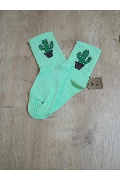 Dikişsiz Kaktüs Desenli Pamuklu Yumuşak Çorap Kaktüslü Arakonç Kadın Yeşil Soket Çorabı 36-40 - Resim 2