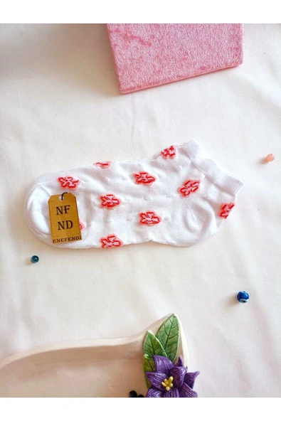 2 ÇİFT PATİK ÇORAP DİKİŞSİZ PAMUKLU KISA KONÇ DESENLİ KADIN ÇORABI 36-40 BEYAZ MOR KIRMIZI - Resim 3