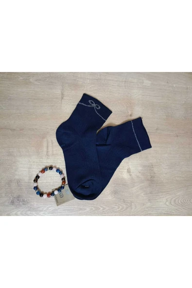 KURDELE TAŞLI LASTİKSİZ KOKULU LİKRALI KISAKONÇ  ÇORAP DİKİŞSİZ PAMUKLU LACİVERT KADIN ÇORABI - Resim 5