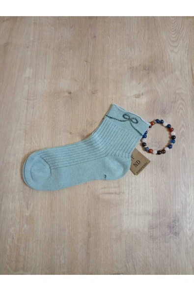KURDELE TAŞLI LASTİKSİZ KOKULU LİKRALI KISAKONÇ  ÇORAP DİKİŞSİZ PAMUKLU AÇIKYEŞİL KADIN ÇORABI - Resim 6