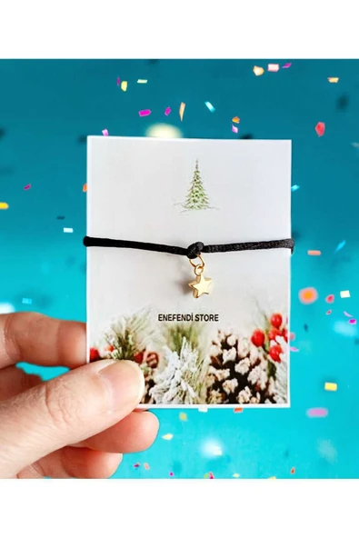 BİLEKLİK KARTLI YILDIZ METAL ALTINSARISI HEDİYELİK ŞANS BEREKET ARKADAŞ BİLEKLİĞİ SİYAH İP ürün görseli 1