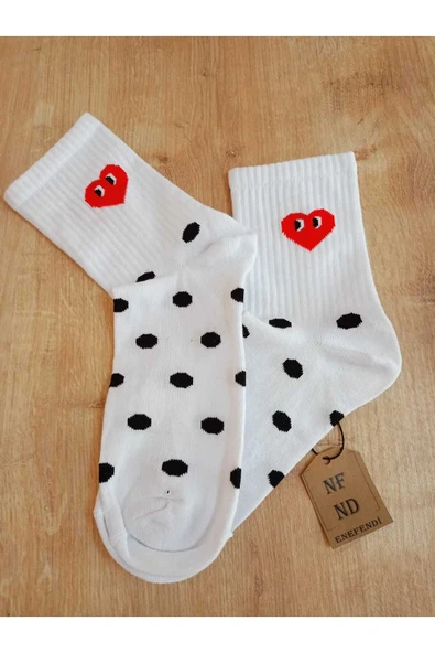 2 ÇİFT FIRFIRLI JAKARLI SOKET KADIN LİKRALI PAMUKLU KAHVE ve KALPLİ KOLEJ BEYAZ ÇORAP 36-40 - Resim 3