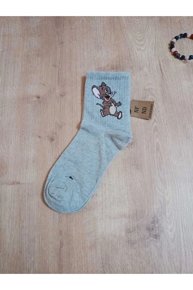Jerry Hayvan Desenli Pamuklu Çorap Arakonç Kadın Gri Soket Dikişsiz Çorap 36-40 ürün görseli 1