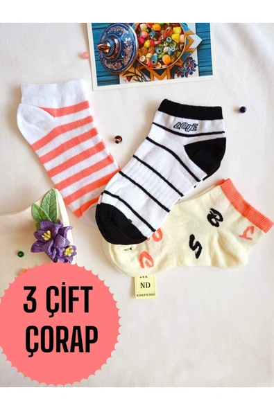 3 ÇİFT BURUN DİKİŞSİZ PATİK ÇORAP YUMUŞAK KADIN PAMUKLU KISA KONÇ DESENLİ ÇORABI 36-40 ürün görseli 1