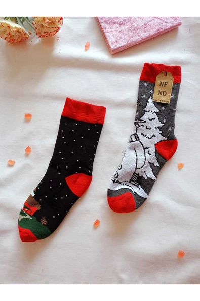 2 ÇİFT TERMAL SOKET  YILBAŞI HAVLU YUMUŞAK HEDİYE KIŞLIK KADIN ÇORABI SİYAH GRİ ÇORAP 36-40 - Resim 6