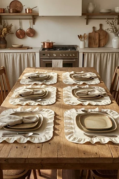 Pamuklu Fırfırlı Kendinden Çizgili Kare Supla 6'lı Set Amerikan Servis 33 Cm Çap Supla - Resim 3