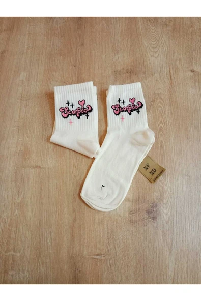 DESENLİ PAMUKLU YUMUŞAK ÇORAP ARAKONÇ KADIN EKRU KREM SOKET ÇORABI 36-40 - Resim 5
