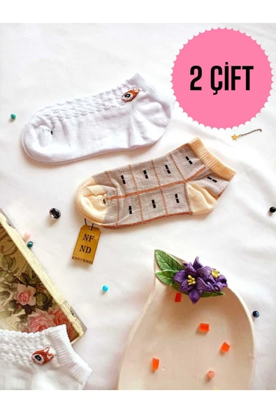 2 ÇİFT ÇORAP PAMUKLU BURUN DİKİŞSİZ KISA KONÇ PATİK DESENLİ KADIN ÇORABI 36-40 BEYAZ KAHVE ürün görseli 1