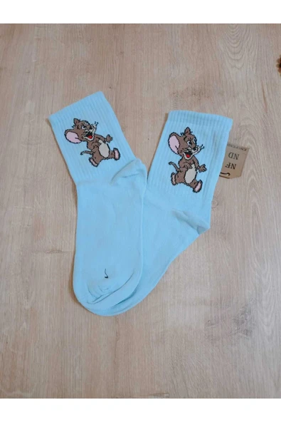 Jerry Hayvan Desenli Pamuklu Çorap Arakonç Kadın Mavi Soket Dikişsiz Çorap 36-40 - Resim 2