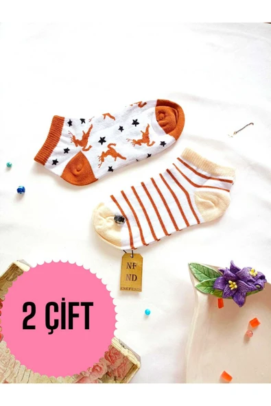 2 ÇİFT PATİK ÇORAP DİKİŞSİZ PAMUKLU KISA KONÇ DESENLİ KADIN ÇORABI 36-40 BEYAZ KAHVE ÇİZGİLİ ürün görseli