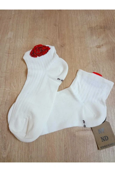 PAMUKLU BURUN DİKİŞSİZ GÜLTAŞLI KOKULU  LİKRALI KISAKONÇ ÇORAP EKRUBEYAZIMSI KADIN ÇORABI 36-40 - Resim 3