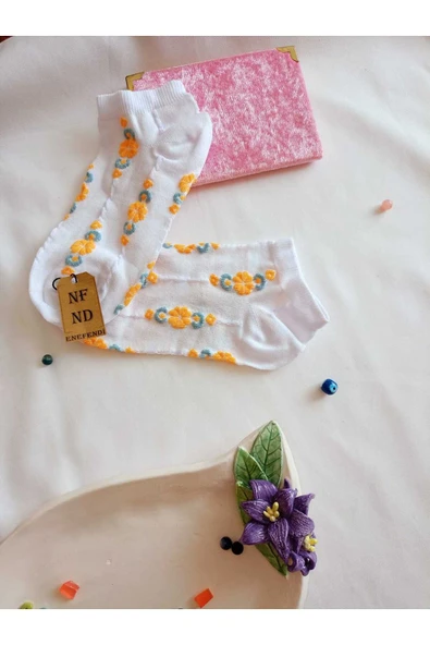 2 ÇİFT DİKİŞSİZ PATİK ÇORAP PAMUKLU KISA KONÇ DESENLİ KADIN ÇORABI 36-40 TURUNCU MAVİ BEYAZ - Resim 4