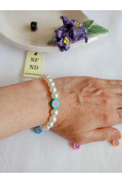 İNCİLİ VE YEŞİL FİMO BONCUKLU BİLEKLİK İNCİ BONCUK ŞANS BEREKET ARKADAŞ SEVGİLİ EŞ ÇOCUK HEDİYE - Resim 3