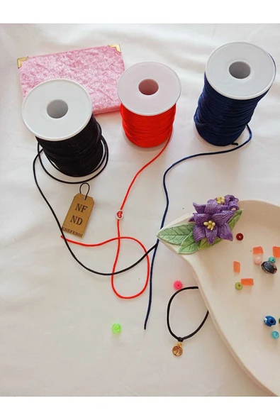 10 Pembe Boncuk 2m Siyah 2m Lacivert 2m Kırmızı Floş Ip Ve Bileklik Aparatı Plastik Hediye - Resim 6