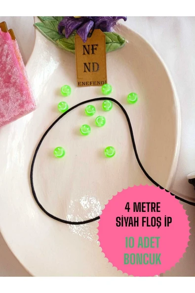 4 METRE SİYAH FLOŞ İP VE 10 ADET GÜLEN YÜZ YEŞİL BONCUK BİLEKLİK APARATI SERT PLASTİK HEDİYE ürün görseli 1