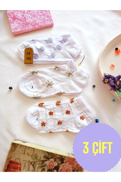 3 ÇİFT PAMUKLU PATİK ÇORAP DİKİŞSİZ KISA KONÇ DESENLİ KADIN ÇORABI 36-40 MOR MAVİ BEYAZ KAHVE ürün görseli