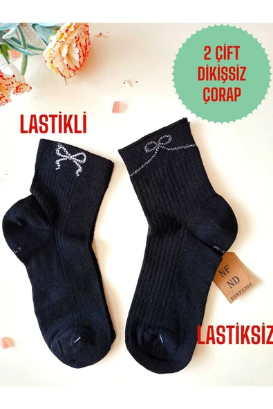 2 ÇİFT KURDELE TAŞLI  PAMUKLU BURUN DİKİŞSİZ LİKRALI KOKULU KISA KONÇ ÇORAP SİYAH KADIN ÇORABI 36-40 - Resim 2