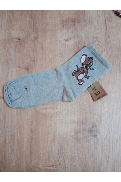 Jerry Hayvan Desenli Pamuklu Çorap Arakonç Kadın Gri Soket Dikişsiz Çorap 36-40 - Resim 2