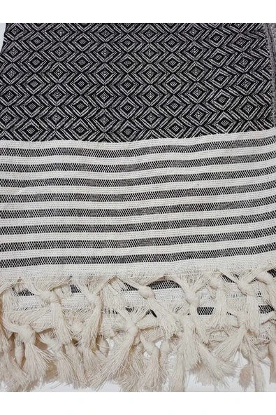 Koltuk Çekyat Örtüsü Krem Siyah Pamuklu Naturel Kolları Kaplayan Püsküllü Büyük Boy 180 x 300 ürün görseli 1