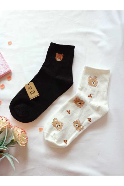 2 ÇİFT PAMUKLU KOKULU TEDDY KADIN ÇORAP YUMUŞAK DİKİŞSİZ AYICIK DESEN EKRU VE SİYAH ARA KONÇ 36 40 - Resim 3