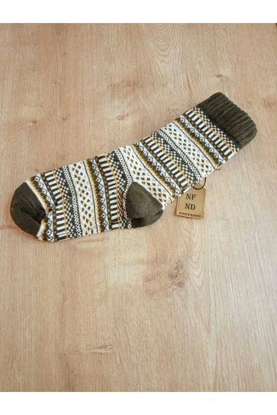 HAVLULU KIŞLIK YUMUŞAK SICAK YILBAŞI MOTİF DESENLİ ETNİK KADIN ÇORABI PAMUKLU HAKİ BEYAZ ÇORAP - Resim 5